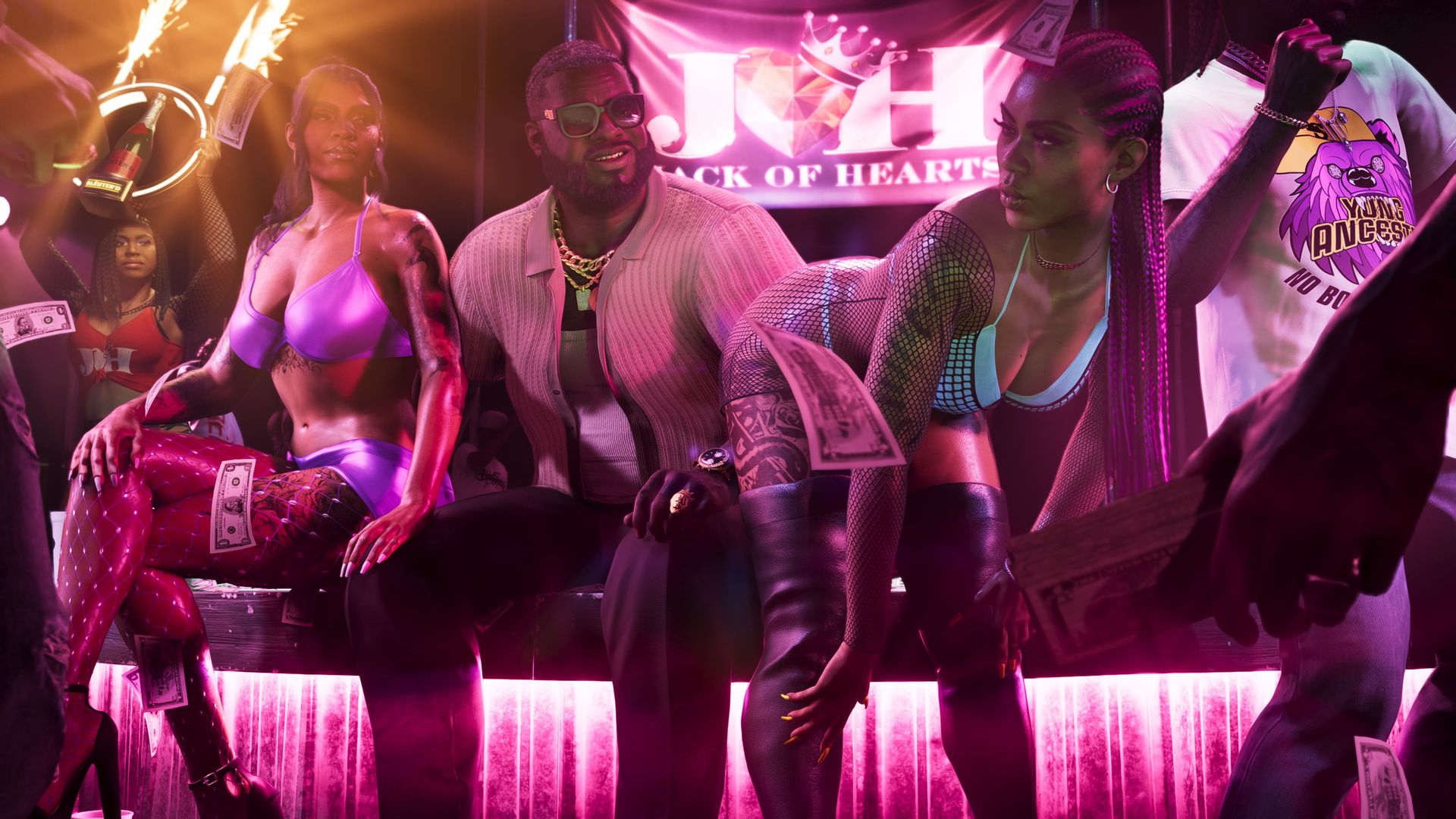 Boobie Ike sitzt zwischen Tänzerinnen unter einem Jack-of-Hearts-Banner in pinkem Licht
