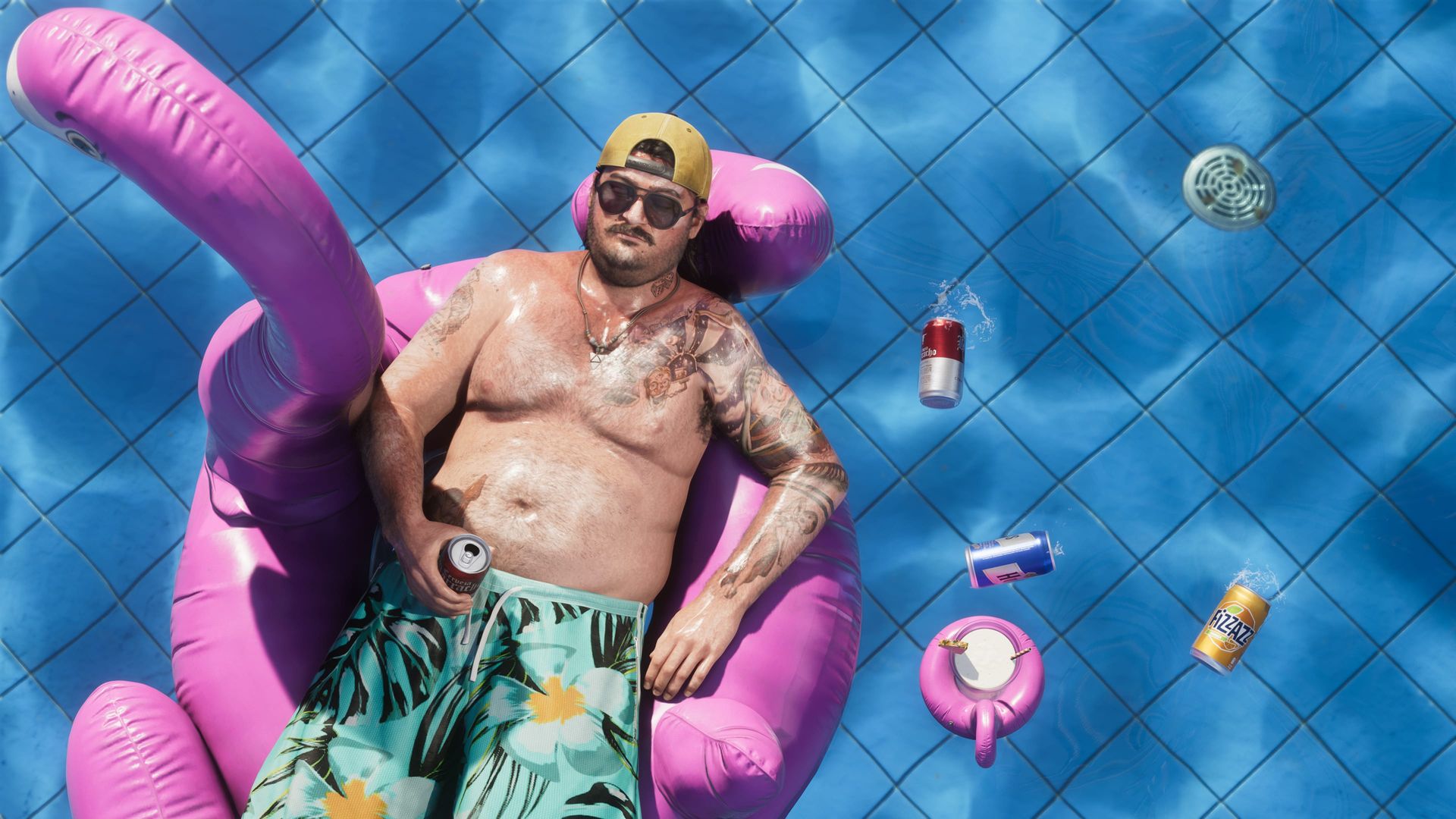 Cal treibt auf einem aufblasbaren Flamingo im Pool, umgeben von Bierdosen
