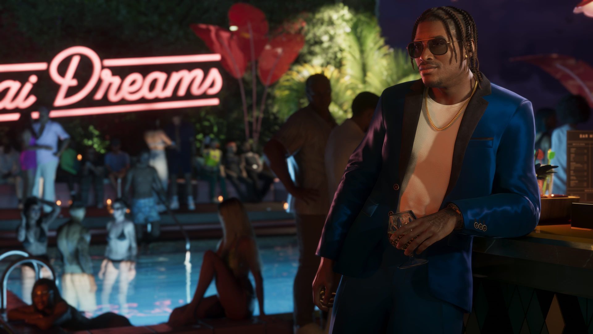 Dre'Quan im blauen Anzug auf einer Poolparty unter einem Neonschild