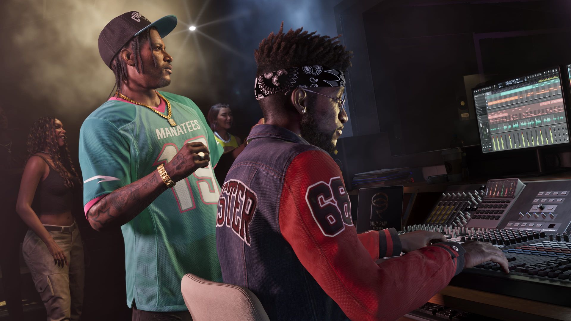 Dre'Quan in einem Tonstudio neben einem Toningenieur am Mischpult