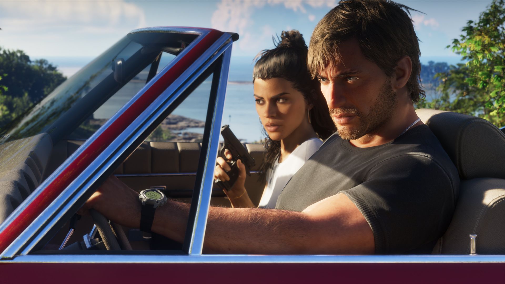 Jason drives a classic car along the coast with Lucia beside him