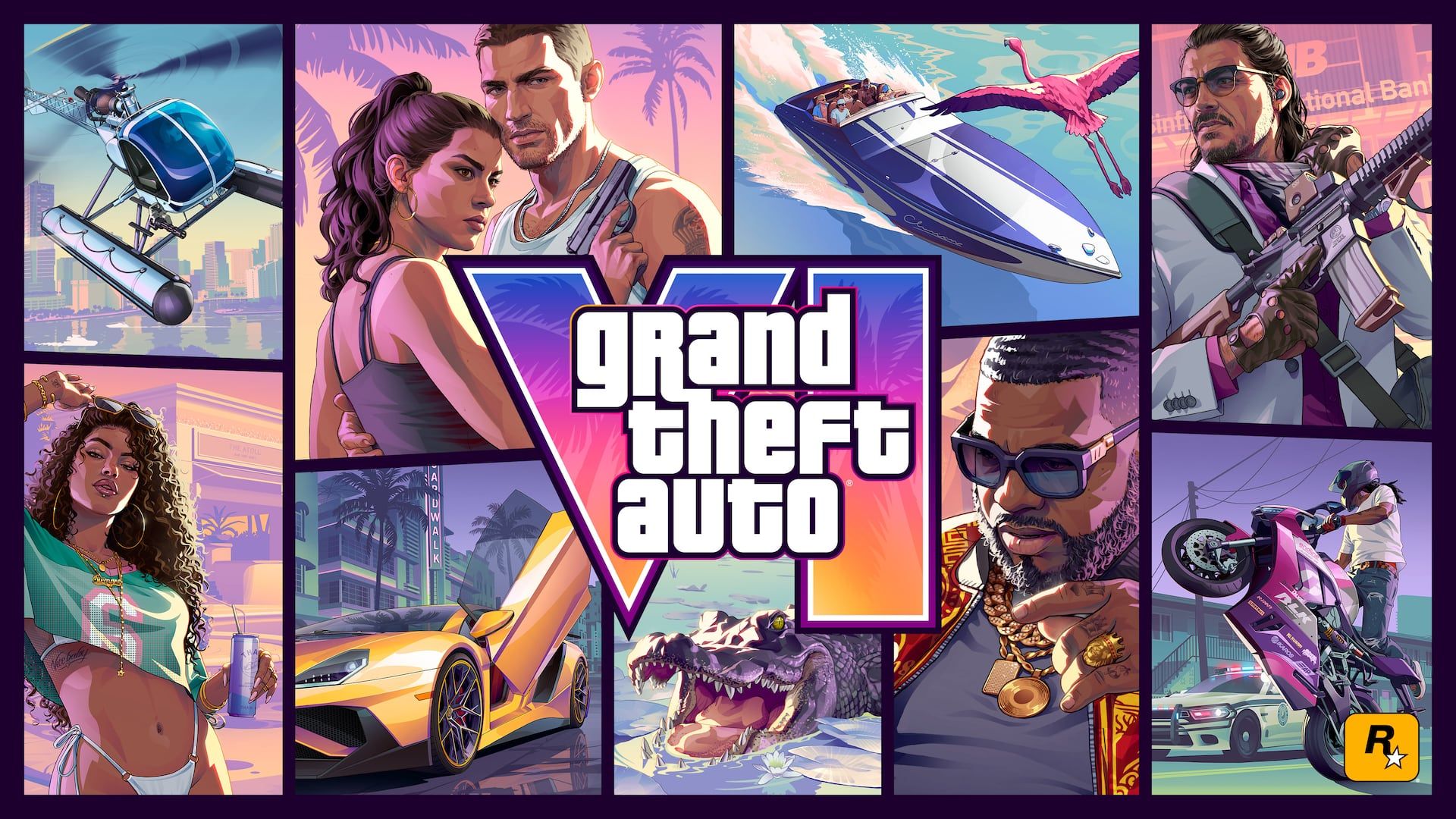 Offizielles Cover von Grand Theft Auto VI: eine Collage aus Figuren und Szenen rund um das Spiellogo