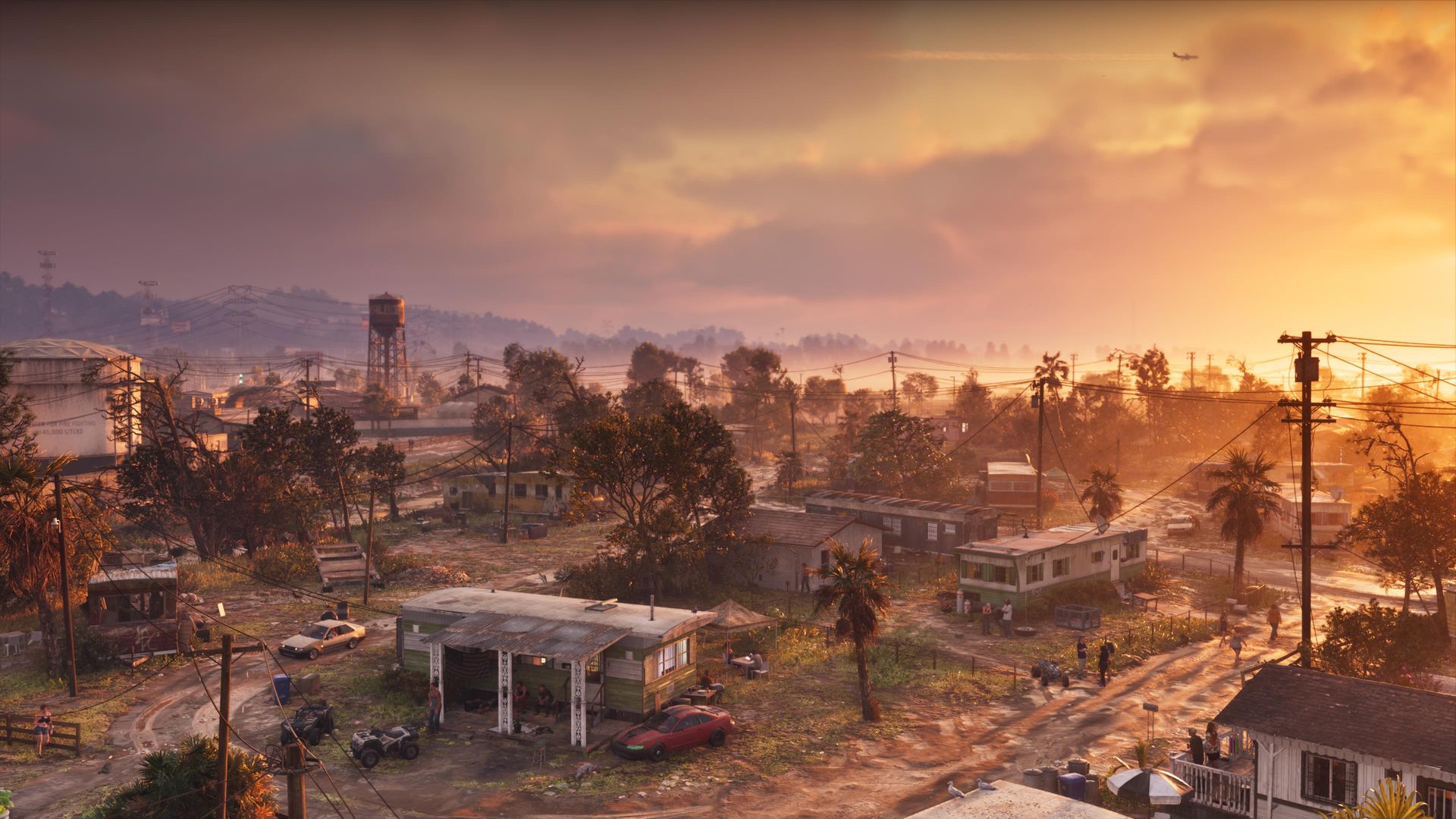Aerial view of a low-rise town at sunset