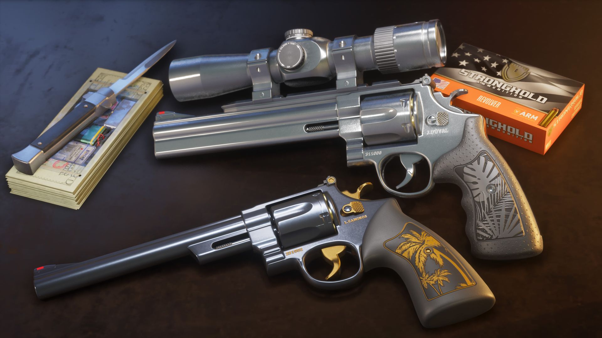 Zwei gravierte Revolver, ein Zielfernrohr und ein Klappmesser auf einem Tisch