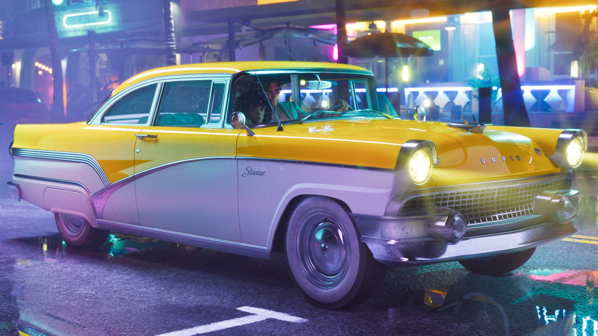 Eine gelb-weiße Limousine aus den 50ern auf einer Neonstraße