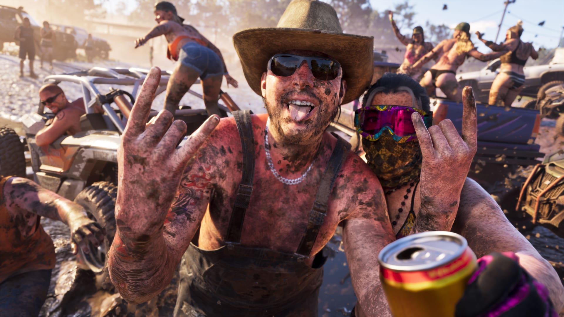 Mud-covered crowd at an off-road party in Ambrosia: a man in a cowboy hat and overalls gestures at the camera, with quad bikes and buggies churning through mud behind him