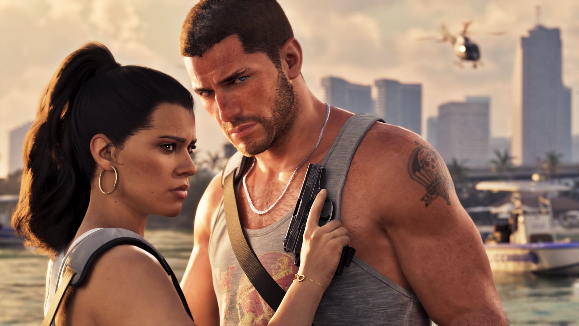 Official Grand Theft Auto VI cover art showing Jason and Lucia